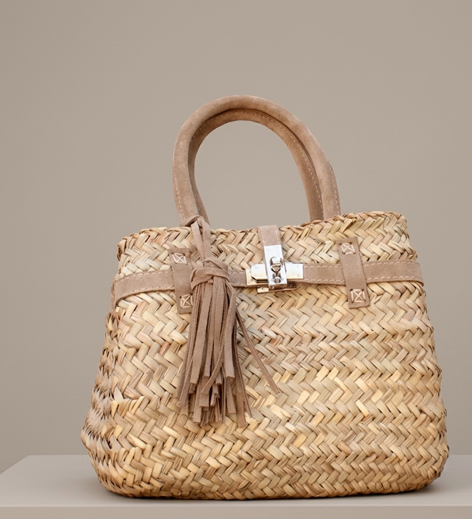 Handmade Moroccan straw basket bag with suede leather trim, gold turn-lock closure and tassel, woven doum Birkin-style tote for summer