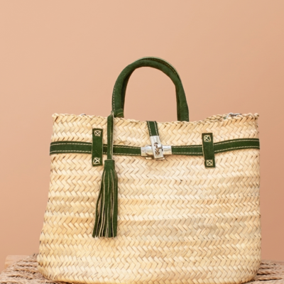 Handmade Moroccan straw basket bag with suede leather trim, gold turn-lock closure and tassel, woven doum Birkin-style tote for summer
