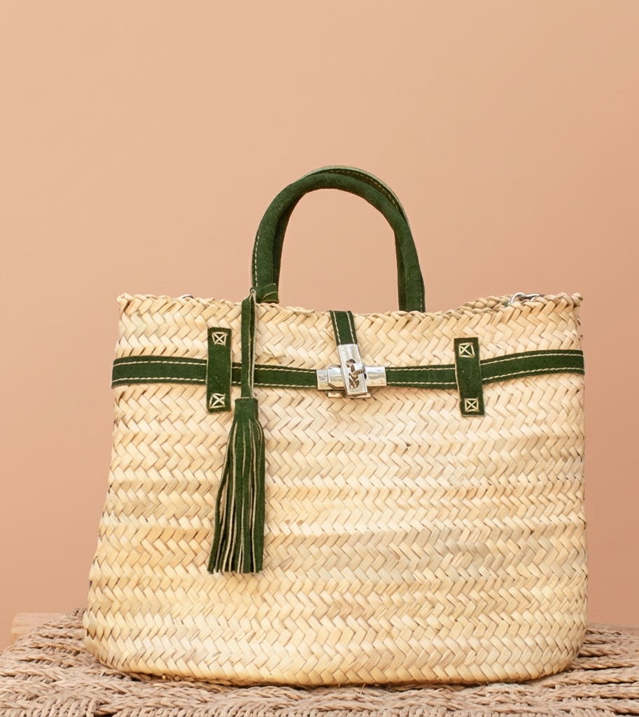 Handmade Moroccan straw basket bag with suede leather trim, gold turn-lock closure and tassel, woven doum Birkin-style tote for summer