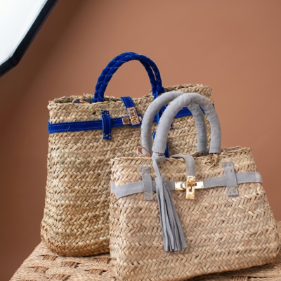 Handmade Moroccan straw basket bag with suede leather trim, gold turn-lock closure and tassel, woven doum Birkin-style tote for summer