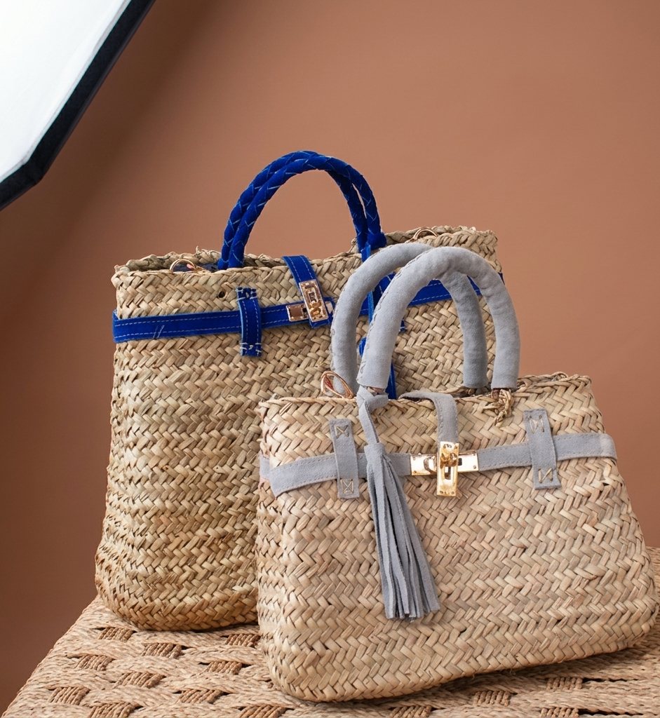 Handmade Moroccan straw basket bag with suede leather trim, gold turn-lock closure and tassel, woven doum Birkin-style tote for summer