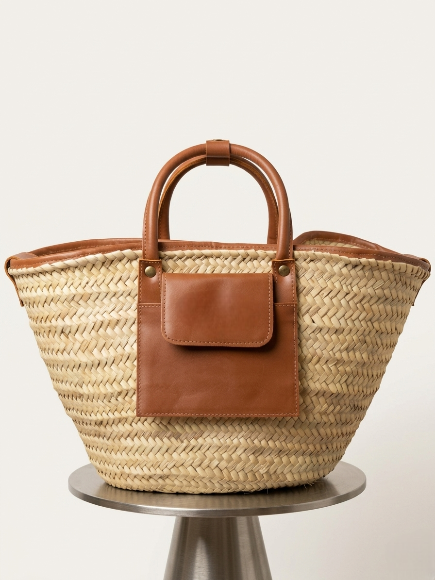 Moroccan Straw Basket Bag Leather Handles Convertible Tote Crossbody Handbag Palm Leaf Market Bag Pocket Boho Beach Bag Gift for Her (1) Close-up of Moroccan straw basket bag showing genuine leather front flap pocket, short top handles and long convertible crossbody strap