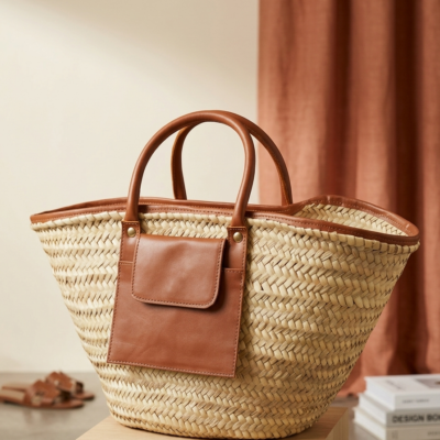 Moroccan Straw Basket Bag Leather Handles Convertible Tote Crossbody Handbag Palm Leaf Market Bag Pocket Boho Beach Bag Gift for Her (11) Close-up of Moroccan straw basket bag showing genuine leather front flap pocket, short top handles and long convertible crossbody strap