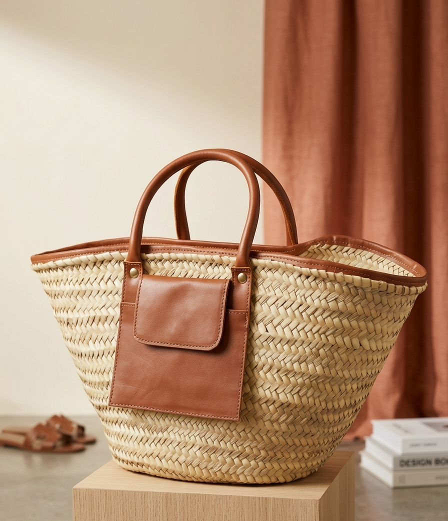 Moroccan Straw Basket Bag Leather Handles Convertible Tote Crossbody Handbag Palm Leaf Market Bag Pocket Boho Beach Bag Gift for Her (11) Close-up of Moroccan straw basket bag showing genuine leather front flap pocket, short top handles and long convertible crossbody strap