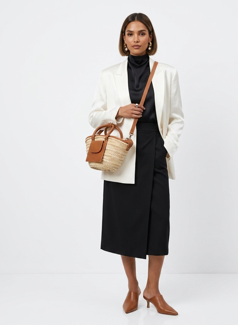 Moroccan Straw Basket Bag Leather Handles Convertible Tote Crossbody Handbag Palm Leaf Market Bag Pocket Boho Beach Bag Gift for Her (2) Woman carrying large handwoven Moroccan palm leaf straw basket tote with leather handles and front pocket, styled with linen blazer