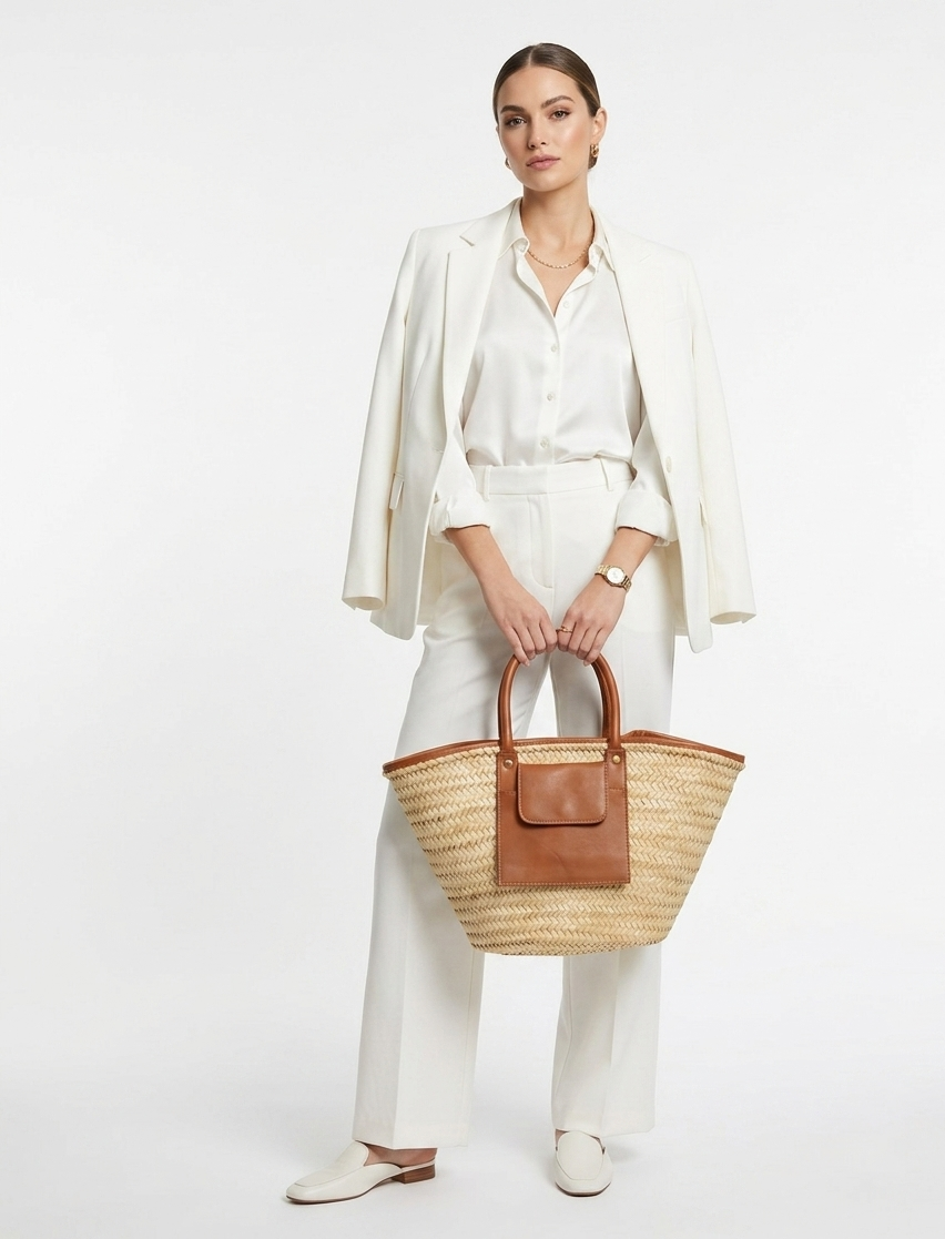Moroccan Straw Basket Bag Leather Handles Convertible Tote Crossbody Handbag Palm Leaf Market Bag Pocket Boho Beach Bag Gift for Her (4) Woman carrying large handwoven Moroccan palm leaf straw basket tote with leather handles and front pocket, styled with linen blazer