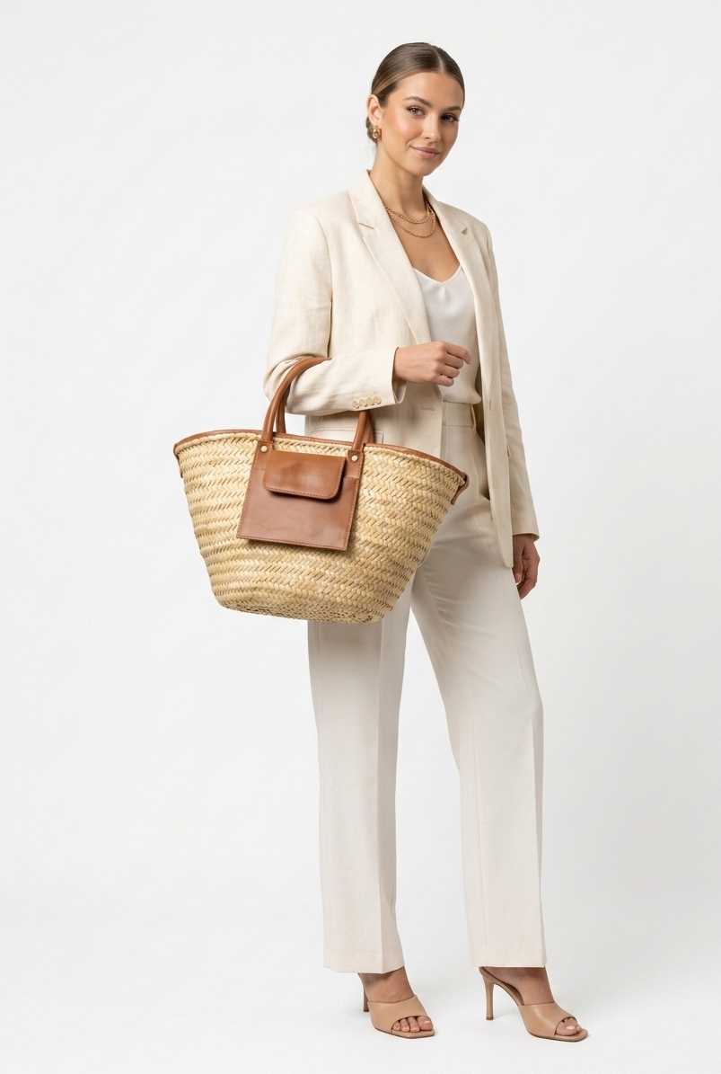 Moroccan Straw Basket Bag Leather Handles Convertible Tote Crossbody Handbag Palm Leaf Market Bag Pocket Boho Beach Bag Gift for Her (5) Woman carrying large handwoven Moroccan palm leaf straw basket tote with leather handles and front pocket, styled with linen blazer