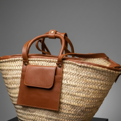 Moroccan Straw Basket Bag Leather Handles Convertible Tote Crossbody Handbag Palm Leaf Market Bag Pocket Boho Beach Bag Gift for Her (6) Close-up of Moroccan straw basket bag showing genuine leather front flap pocket, short top handles and long convertible crossbody strap