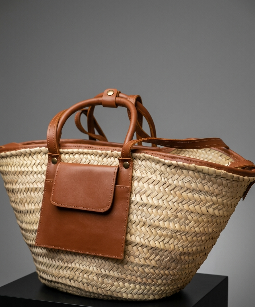 Moroccan Straw Basket Bag Leather Handles Convertible Tote Crossbody Handbag Palm Leaf Market Bag Pocket Boho Beach Bag Gift for Her (6) Close-up of Moroccan straw basket bag showing genuine leather front flap pocket, short top handles and long convertible crossbody strap