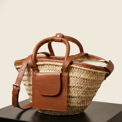 Moroccan Straw Basket Bag Leather Handles Convertible Tote Crossbody Handbag Palm Leaf Market Bag Pocket Boho Beach Bag Gift for Her (7) Close-up of Moroccan straw basket bag showing genuine leather front flap pocket, short top handles and long convertible crossbody strap