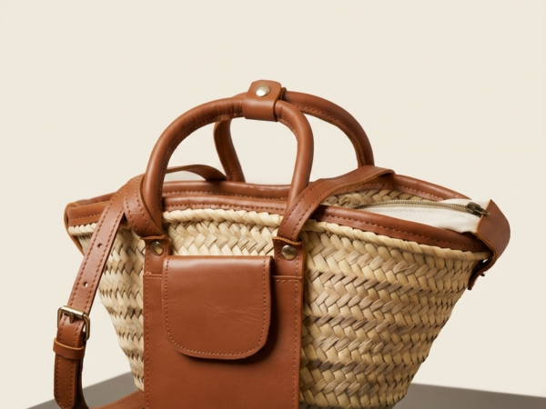 Close-up of Moroccan straw basket bag showing genuine leather front flap pocket, short top handles and long convertible crossbody strap