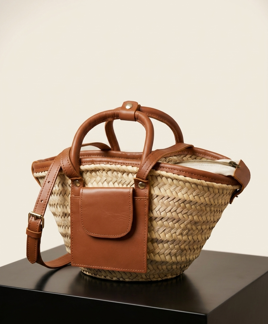 Moroccan Straw Basket Bag Leather Handles Convertible Tote Crossbody Handbag Palm Leaf Market Bag Pocket Boho Beach Bag Gift for Her (7) Close-up of Moroccan straw basket bag showing genuine leather front flap pocket, short top handles and long convertible crossbody strap