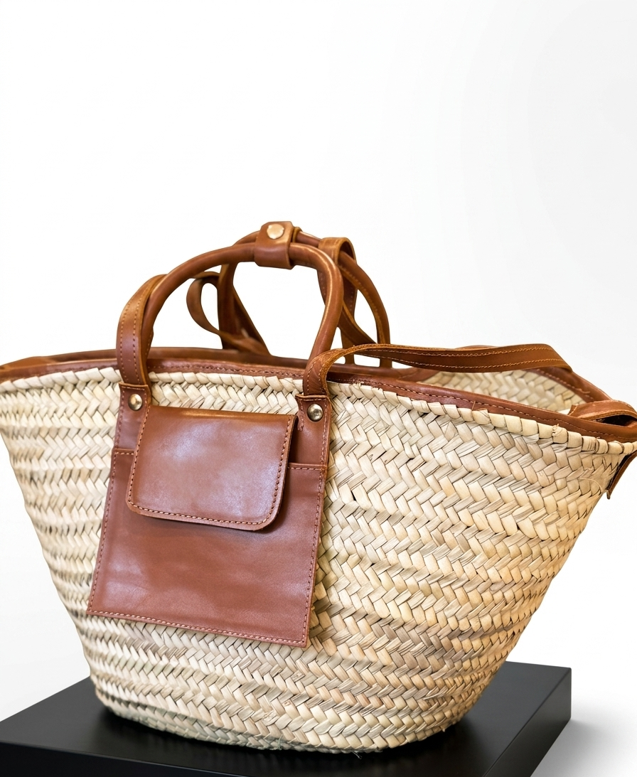 Moroccan Straw Basket Bag Leather Handles Convertible Tote Crossbody Handbag Palm Leaf Market Bag Pocket Boho Beach Bag Gift for Her (8) Close-up of Moroccan straw basket bag showing genuine leather front flap pocket, short top handles and long convertible crossbody strap