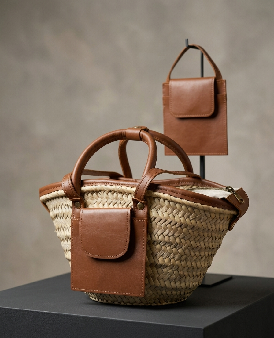 Moroccan Straw Basket Bag Leather Handles Convertible Tote Crossbody Handbag Palm Leaf Market Bag Pocket Boho Beach Bag Gift for Her (9) Close-up of Moroccan straw basket bag showing genuine leather front flap pocket, short top handles and long convertible crossbody strap