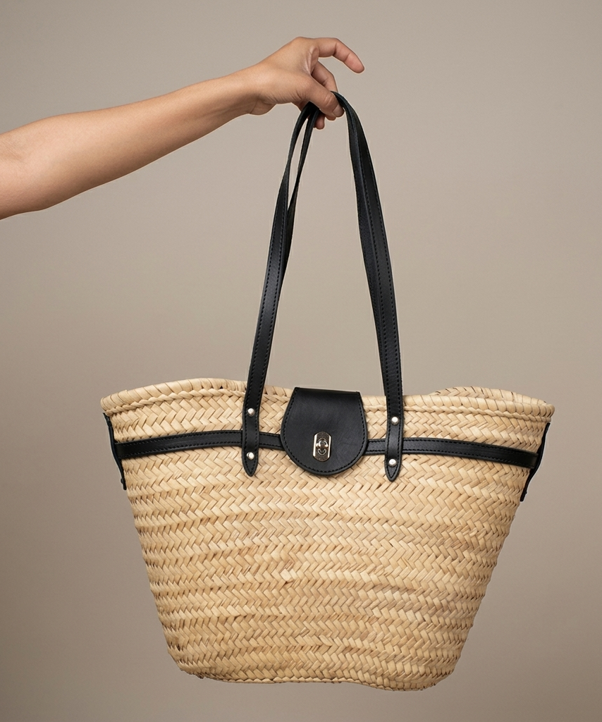 Handwoven Moroccan palm leaf straw shoulder bag with leather trim, long straps, front turn-lock pocket and silver hardware, boho market tote held by hand