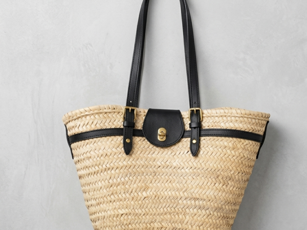 Handwoven Moroccan palm leaf straw shoulder bag with leather trim, long straps, front turn-lock pocket and silver hardware, boho market tote held by hand