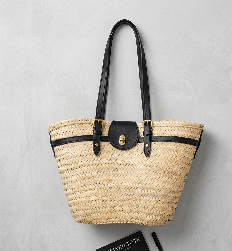 Handwoven Moroccan palm leaf straw shoulder bag with leather trim, long straps, front turn-lock pocket and silver hardware, boho market tote held by hand