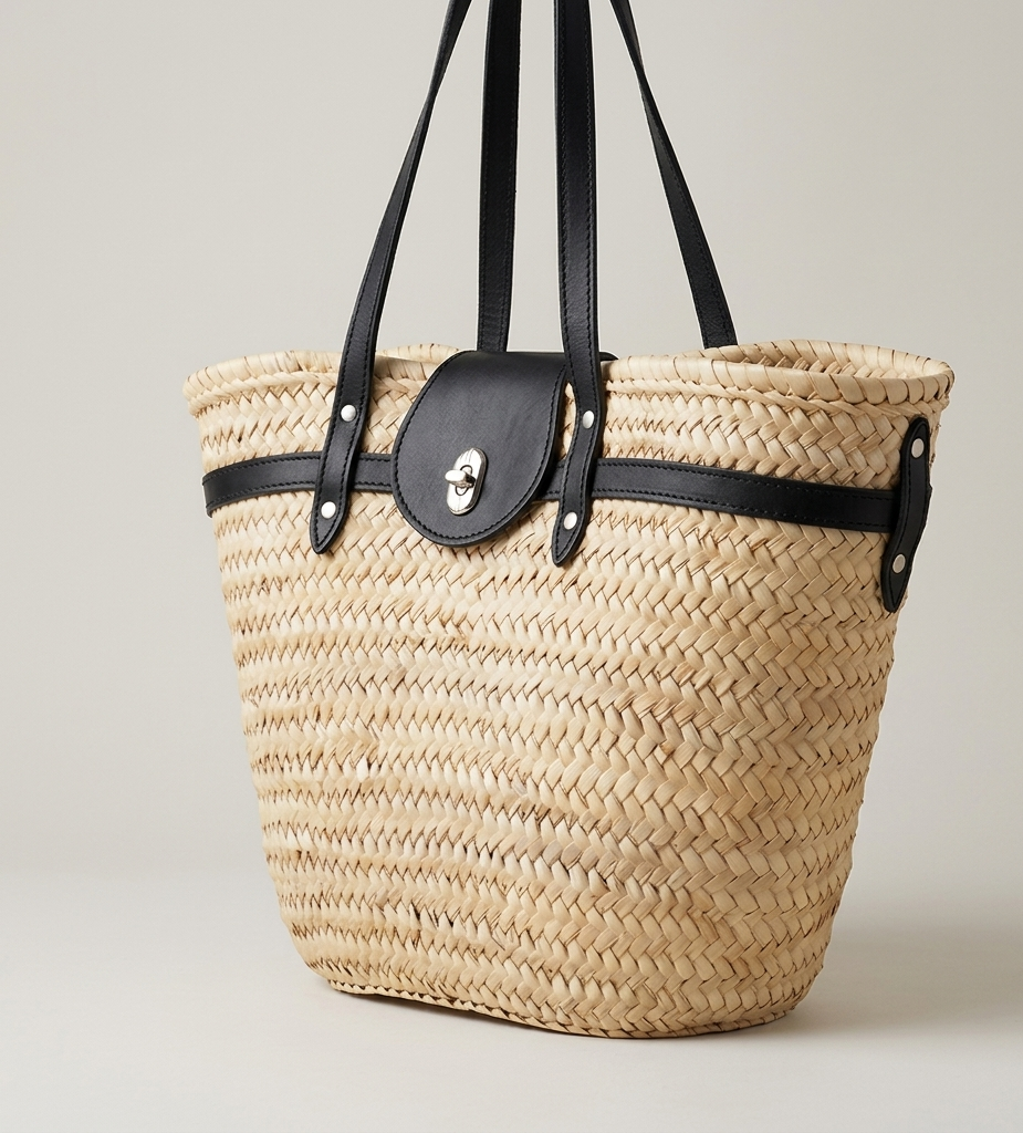 Handwoven Moroccan palm leaf straw shoulder bag with leather trim, long straps, front turn-lock pocket and silver hardware, boho market tote held by hand