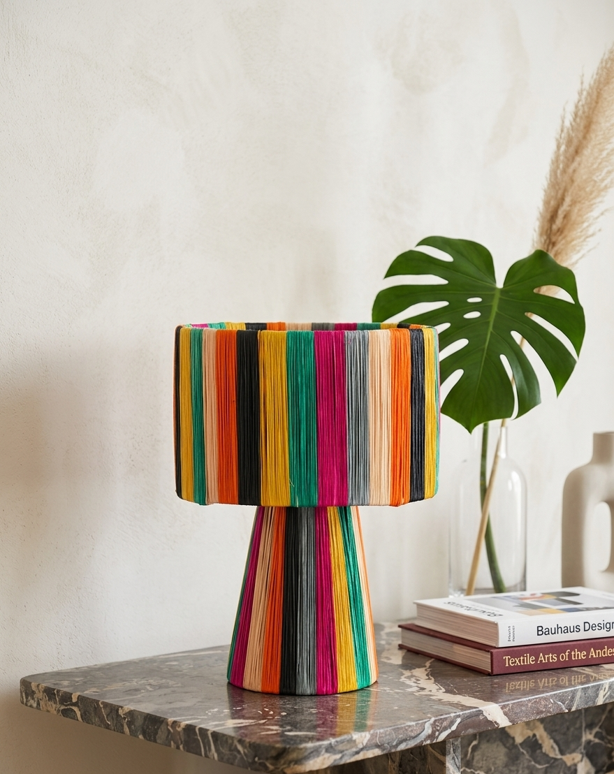 Handmade Moroccan multicolor raffia mushroom table lamp with bold rainbow stripes in teal, yellow, orange, fuchsia, black and grey, wide drum shade on tapered cone base