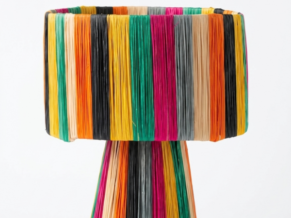 Handmade Moroccan multicolor raffia mushroom table lamp with bold rainbow stripes in teal, yellow, orange, fuchsia, black and grey, wide drum shade on tapered cone base