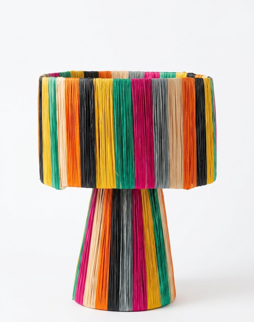 Handmade Moroccan multicolor raffia mushroom table lamp with bold rainbow stripes in teal, yellow, orange, fuchsia, black and grey, wide drum shade on tapered cone base