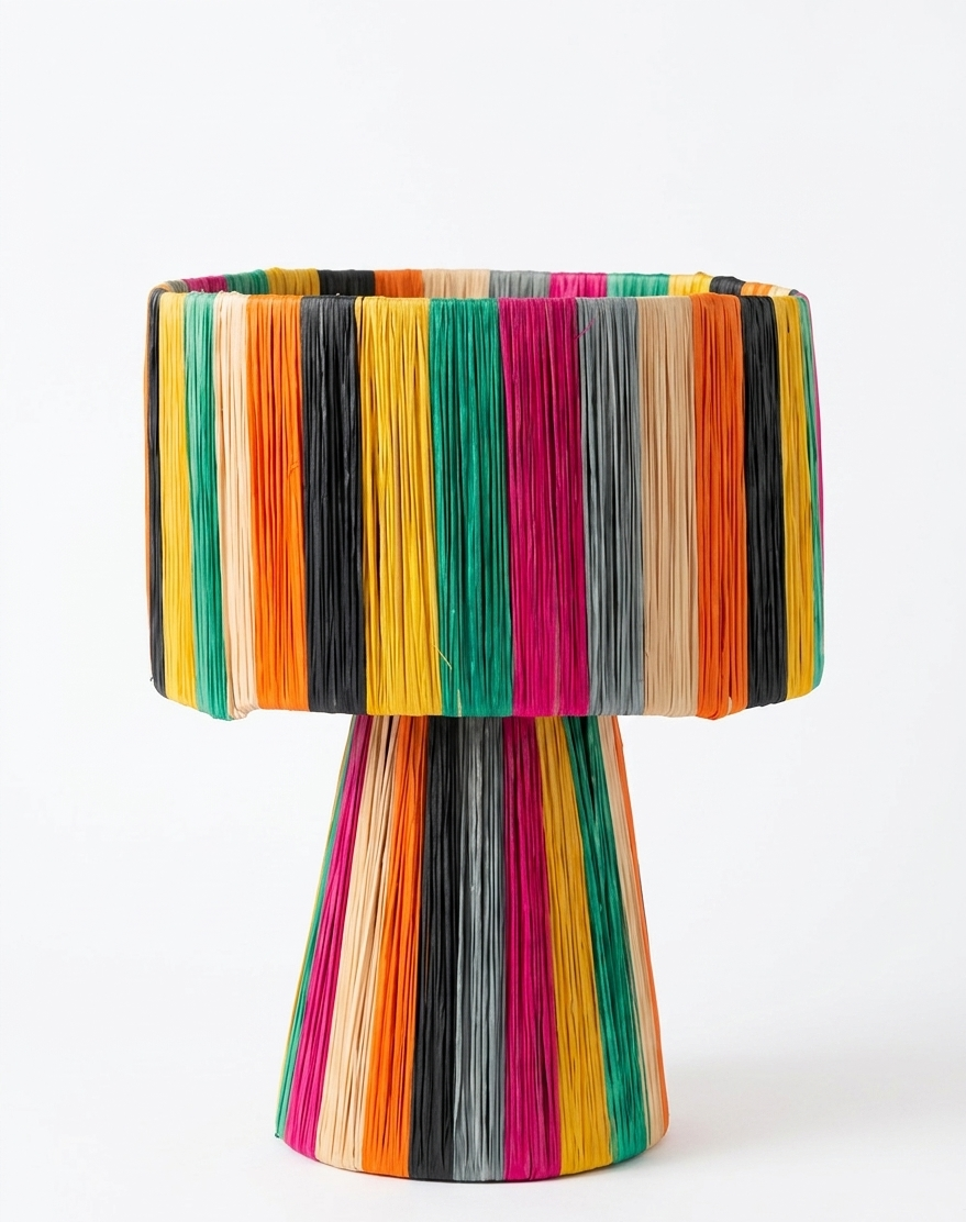 Handmade Moroccan multicolor raffia mushroom table lamp with bold rainbow stripes in teal, yellow, orange, fuchsia, black and grey, wide drum shade on tapered cone base