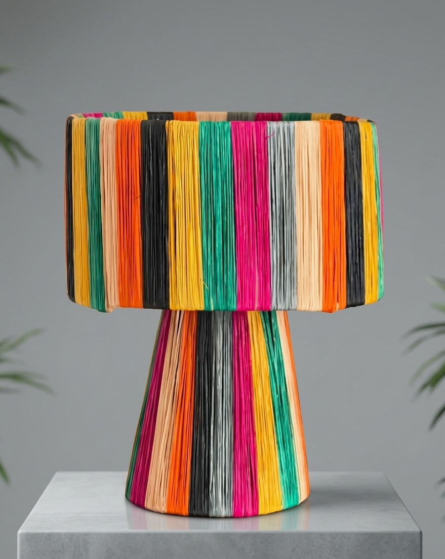 Handmade Moroccan multicolor raffia mushroom table lamp with bold rainbow stripes in teal, yellow, orange, fuchsia, black and grey, wide drum shade on tapered cone base