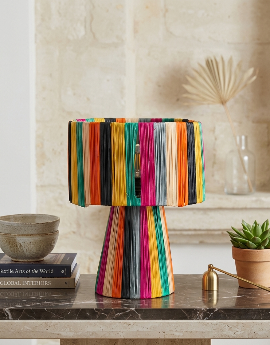 Handmade Moroccan multicolor raffia mushroom table lamp with bold rainbow stripes in teal, yellow, orange, fuchsia, black and grey, wide drum shade on tapered cone base