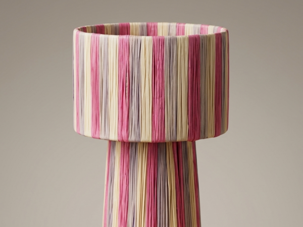 Handmade Moroccan raffia mushroom table lamp with pink grey and natural striped weave on solid square wood base, boho artisan desk light on terrazzo surface