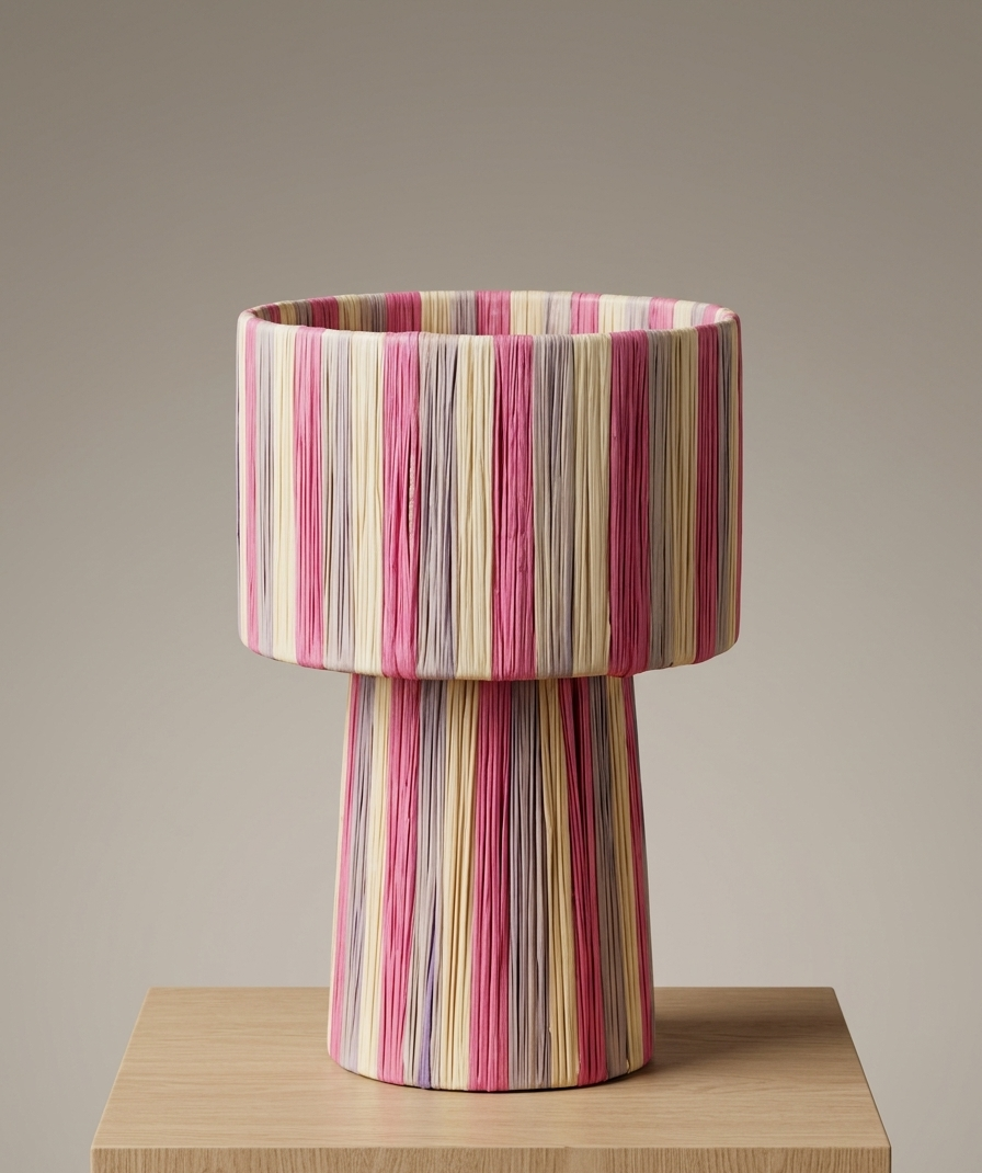 Handmade Moroccan raffia mushroom table lamp with pink grey and natural striped weave on solid square wood base, boho artisan desk light on terrazzo surface