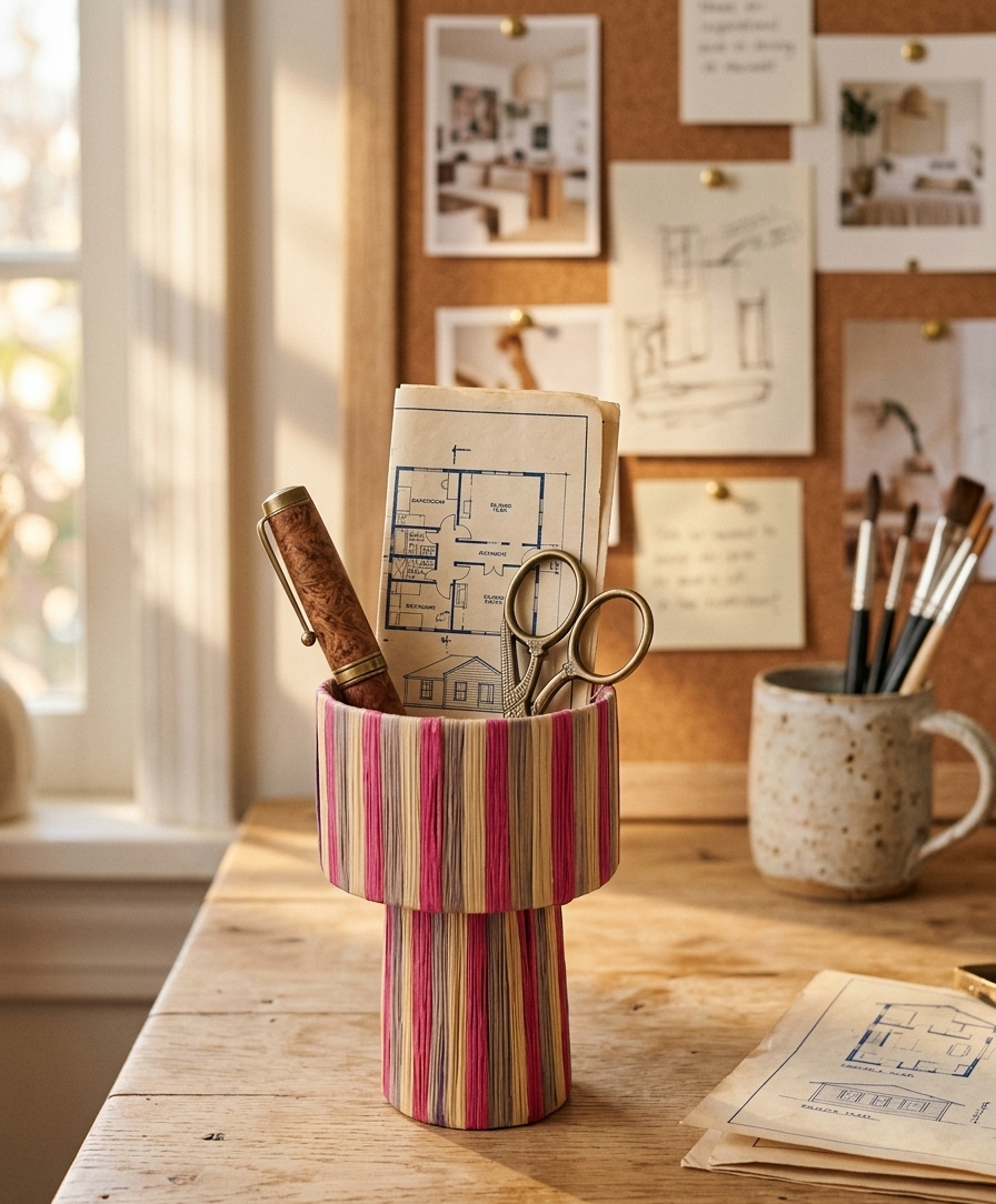 Handmade Moroccan raffia mushroom table lamp with pink grey and natural striped weave on solid square wood base, boho artisan desk light on terrazzo surface