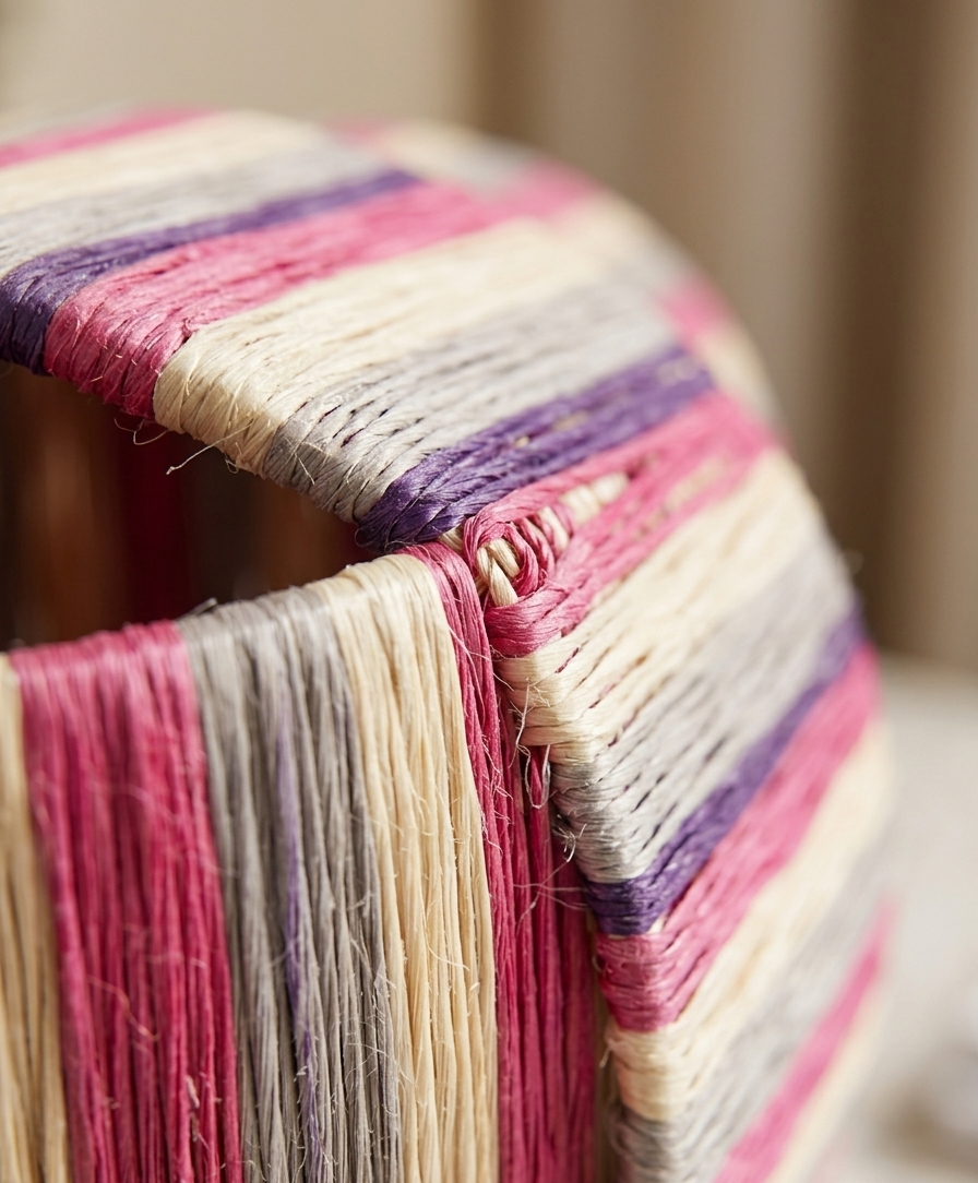 Handmade Moroccan raffia mushroom table lamp with pink grey and natural striped weave on solid square wood base, boho artisan desk light on terrazzo surface