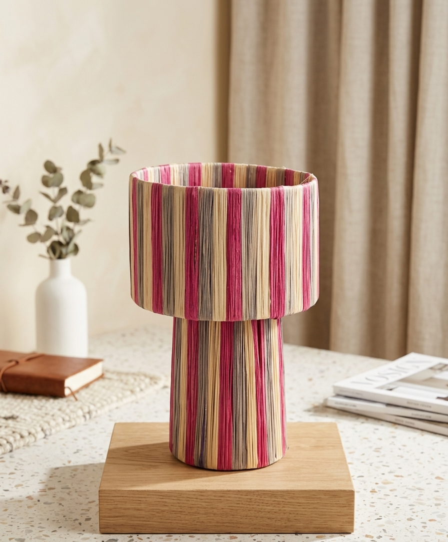 Handmade Moroccan raffia mushroom table lamp with pink grey and natural striped weave on solid square wood base, boho artisan desk light on terrazzo surface