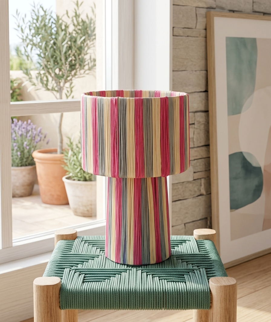 Handmade Moroccan raffia mushroom table lamp with pink grey and natural striped weave on solid square wood base, boho artisan desk light on terrazzo surface