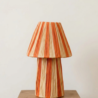Handmade Moroccan raffia mushroom table lamp with striped natural and terracotta woven design, boho artisan desk light sold without cord