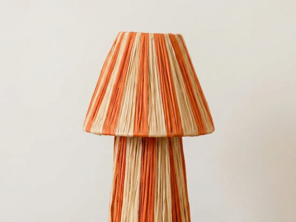 Handmade Moroccan raffia mushroom table lamp with striped natural and terracotta woven design, boho artisan desk light sold without cord