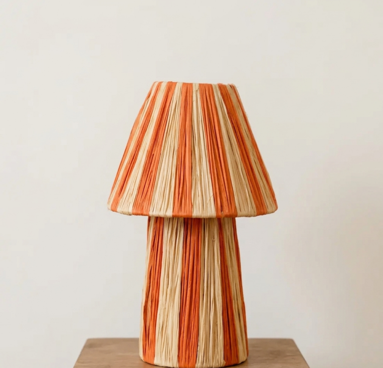Raffia Table Lamp Handmade Moroccan Boho Mushroom Straw Desk Light Colorful Woven Lamp No Cord Eclectic Artisan Home Decor Gift (1) Handmade Moroccan raffia mushroom table lamp with striped natural and terracotta woven design, boho artisan desk light sold without cord
