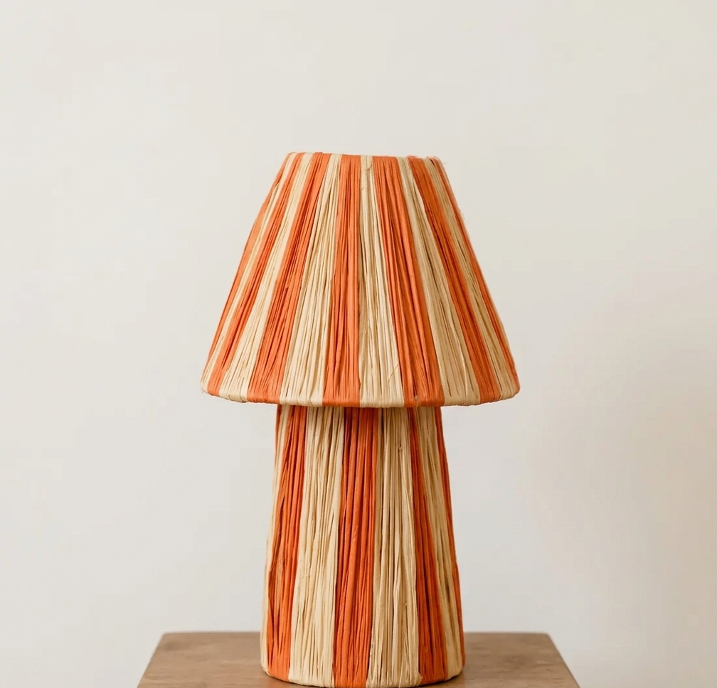 Handmade Moroccan raffia mushroom table lamp with striped natural and terracotta woven design, boho artisan desk light sold without cord