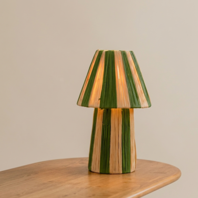 Handmade Moroccan raffia mushroom table lamp with striped natural and terracotta woven design, boho artisan desk light sold without cord