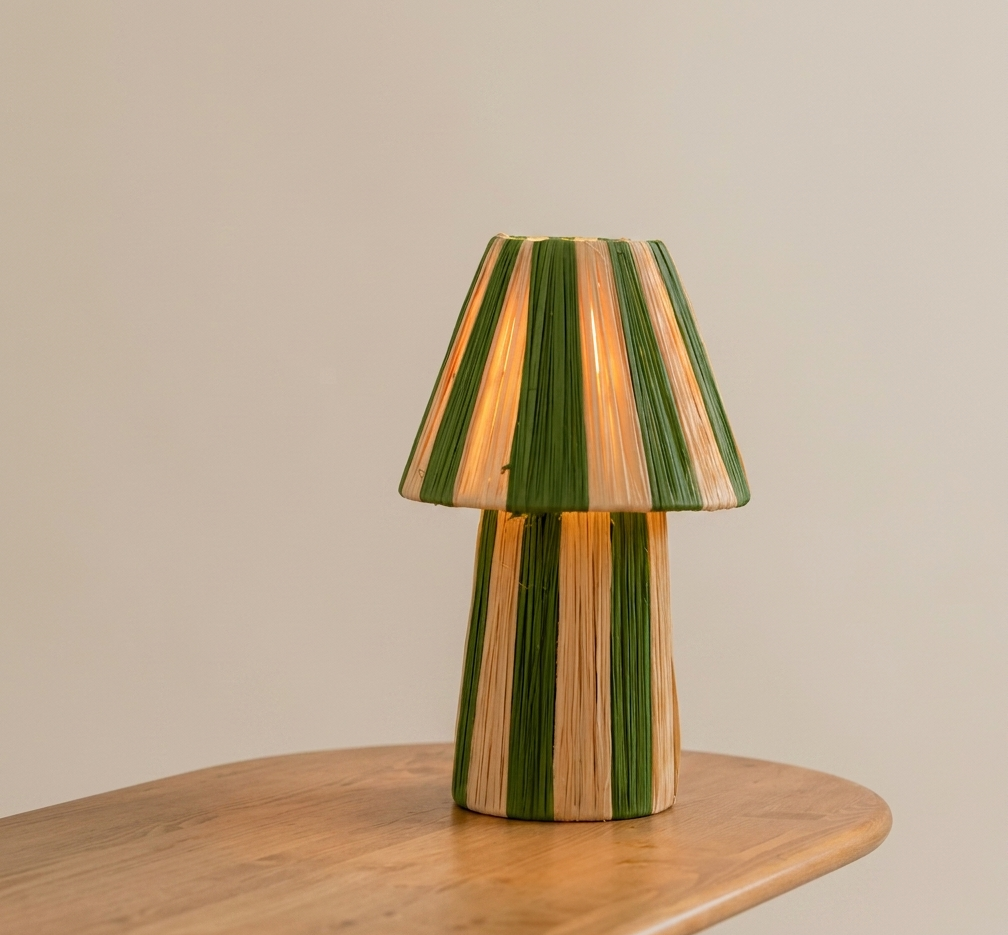 Handmade Moroccan raffia mushroom table lamp with striped natural and terracotta woven design, boho artisan desk light sold without cord