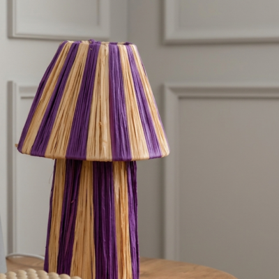 Handmade Moroccan raffia mushroom table lamp with striped natural and terracotta woven design, boho artisan desk light sold without cord
