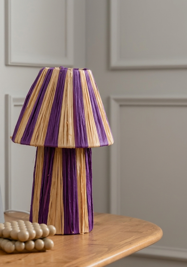 Handmade Moroccan raffia mushroom table lamp with striped natural and terracotta woven design, boho artisan desk light sold without cord