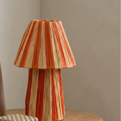 Handmade Moroccan raffia mushroom table lamp with striped natural and terracotta woven design, boho artisan desk light sold without cord