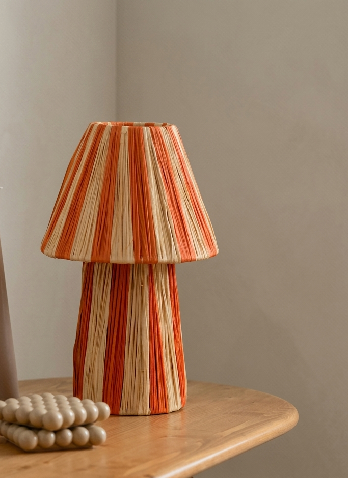 Handmade Moroccan raffia mushroom table lamp with striped natural and terracotta woven design, boho artisan desk light sold without cord