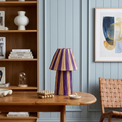 Handmade Moroccan raffia mushroom table lamp with striped natural and terracotta woven design, boho artisan desk light sold without cord