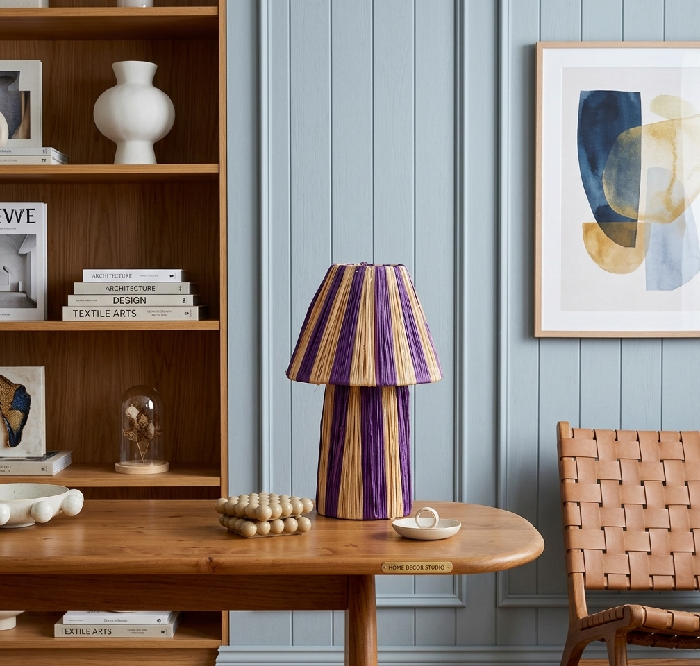 Handmade Moroccan raffia mushroom table lamp with striped natural and terracotta woven design, boho artisan desk light sold without cord