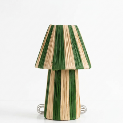 Handmade Moroccan raffia mushroom table lamp with striped natural and terracotta woven design, boho artisan desk light sold without cord