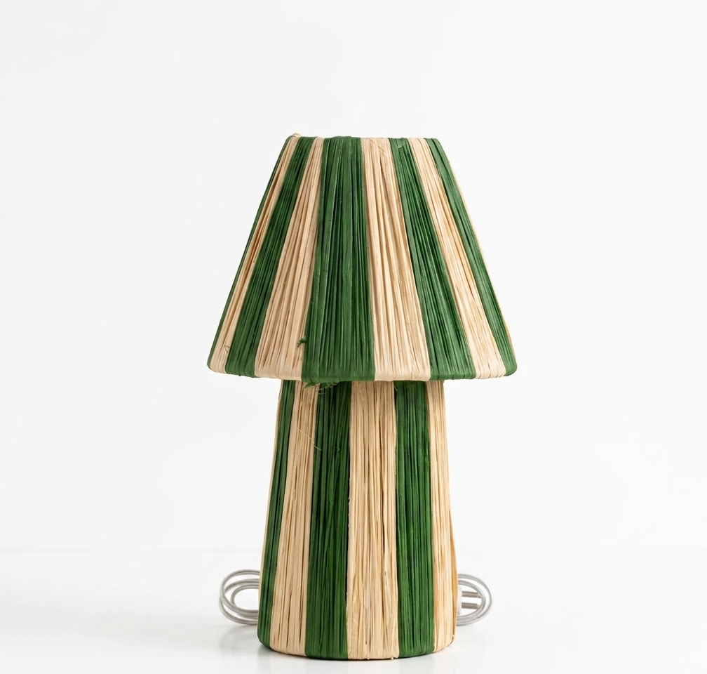 Handmade Moroccan raffia mushroom table lamp with striped natural and terracotta woven design, boho artisan desk light sold without cord