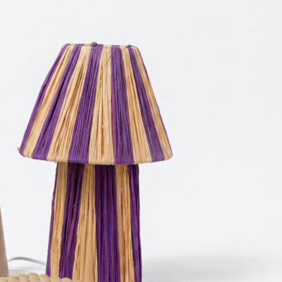 Handmade Moroccan raffia mushroom table lamp with striped natural and terracotta woven design, boho artisan desk light sold without cord