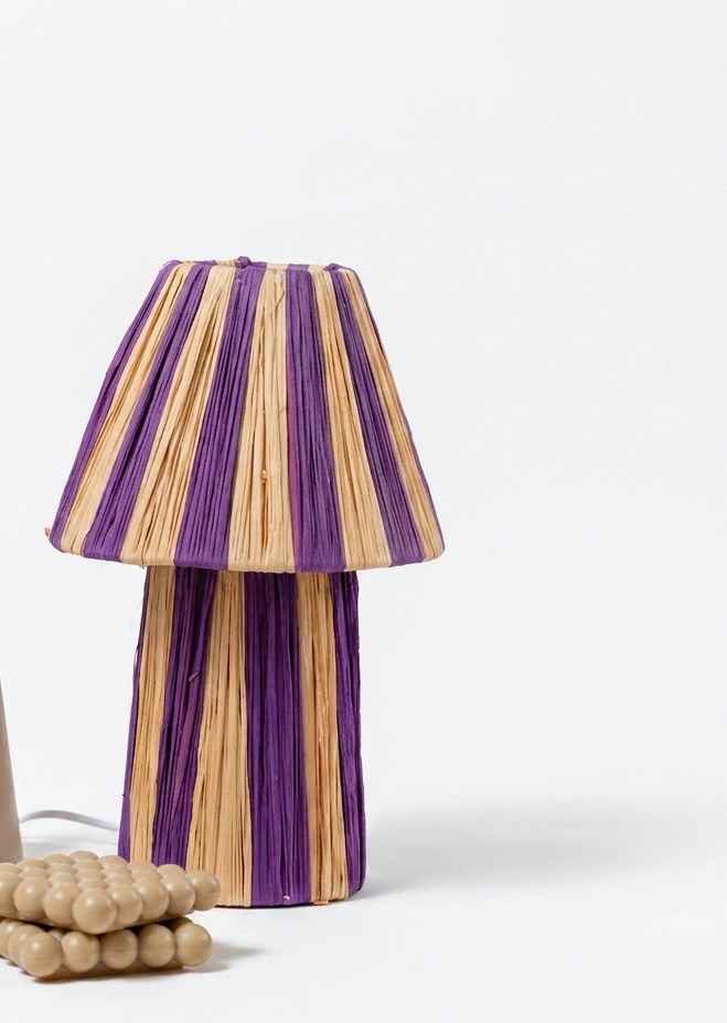 Handmade Moroccan raffia mushroom table lamp with striped natural and terracotta woven design, boho artisan desk light sold without cord
